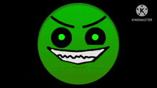 a green smiley face with black eyes and white teeth on a black background