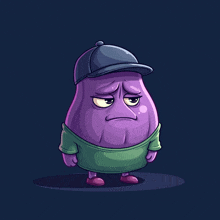 a cartoon illustration of a purple pear wearing a hat and a green shirt