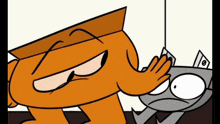a cartoon character is standing next to another character with a flag on it