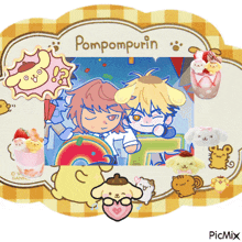 a picture of a boy and a girl with pompompurin written on it