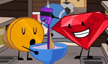 a yellow coin and a red diamond are standing next to a blue bowl