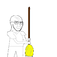 a drawing of a man with a beard holding a broom with a yellow bristle