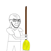 a drawing of a man with a beard holding a broom with a yellow bristle