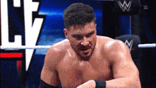 a man in a wrestling ring with a w logo in the back