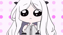 a cartoon drawing of a girl with long white hair and black eyes