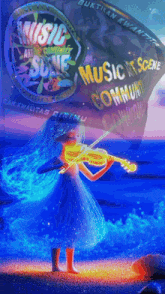 a girl playing a violin in front of a banner that says music scene