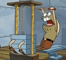 a cartoon character from spongebob squarepants is hanging from a bar .