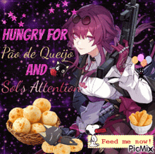 a picture of a girl holding a gun with the words hungry for pão de queijo and sol 's attention on it