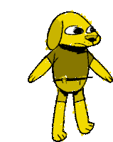 a drawing of a yellow dog wearing a t-shirt