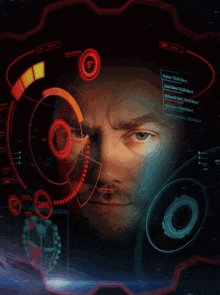 a man 's face is displayed on a futuristic screen with a red circle that says 25 % on it