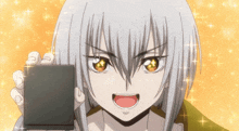 a cartoon character with white hair is holding a black box