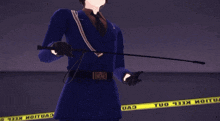 a man holding a whip in front of a yellow tape that says " tuo keep out "