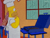 a cartoon of homer simpson in a chef 's hat standing next to a grill