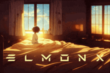 a picture of a girl sitting on a bed with the word elmonx on it