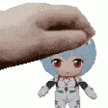 a pixel art of a hand putting a toy on top of a doll .