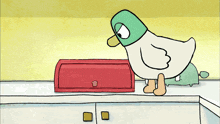 a cartoon of a duck looking at a red box