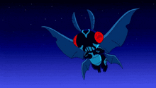 a blue cartoon character with red eyes is flying through the air