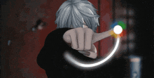 a person with gray hair is holding a rainbow light