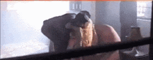 a person is holding a piece of wood in their hand in a room .