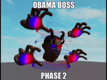 a cartoon of obama boss phase 2 with red and blue hands coming out of his head