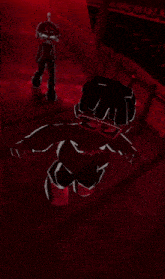 a cartoon character is dancing in a dark room with a red background