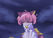 a girl with pink hair and a yellow cat ear