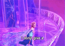 a woman in a blue dress is dancing in a purple room and says i don 't give a
