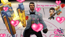 a man in a tuxedo is surrounded by pink hearts and the words " for my one and only " on the bottom