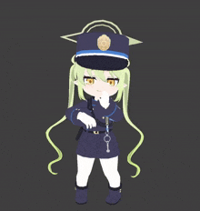 a little girl with green hair is wearing a police hat