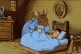 a cartoon of a rabbit holding a cup next to a man sleeping