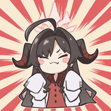 a cartoon drawing of a girl with horns and a red and white background