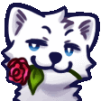 a cartoon of a white cat holding a red rose in its mouth .