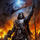 a futuristic soldier holding a flag with a circle on it