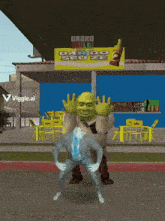 shrek and a man are dancing in front of a bardo seu ze sign