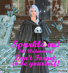 a woman in a black cape stands in front of a staircase with the words " sparkle on wednesday "