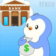 a penguin holds a bag of money in front of a bank building
