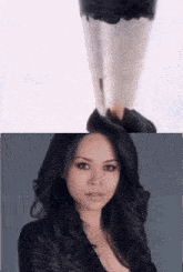 a picture of a woman 's face next to a picture of a person 's legs