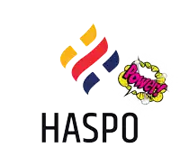 a logo for haspo with a speech bubble that says power on it