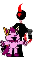 a cartoon drawing of a pink wolf holding a microphone and a devil head .