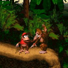 two monkeys are standing next to each other on a rock in a video game