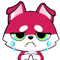 a cartoon drawing of a red and white dog with tears in its eyes