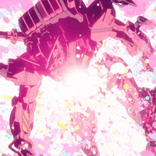 a pink and black robot with a light coming out of its mouth