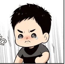 a cartoon drawing of a boy with a tear running down his cheek