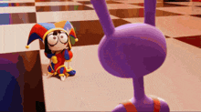 a cartoon character with a jester hat is kneeling down next to a purple rabbit