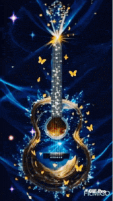 a guitar is surrounded by butterflies and snowflakes
