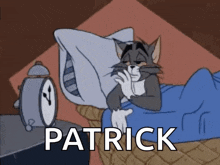a cartoon cat is laying in bed next to an alarm clock with the name patrick written on it .