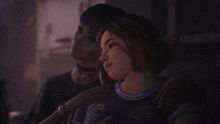 a woman in a purple shirt with a sticker that says ' avengers ' on it