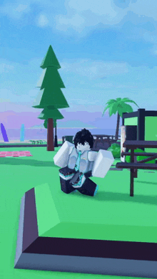 a cartoon character is kneeling down in front of a picnic table