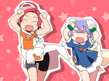 a cartoon drawing of two girls with esp written on their shirts