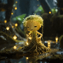 a figurine of a plant with roots and leaves on it 's head